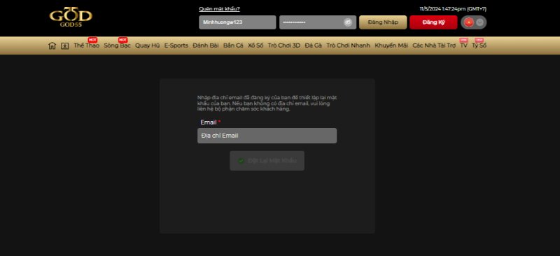 Điền thông tin email để đăng nhập GOD55
